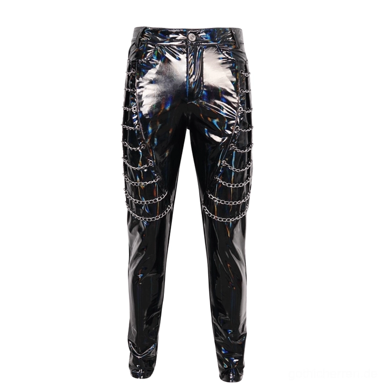 Schwarze Slim-Fit Gothic-Lederhose Flat Lay Vorderansicht – Patent-Leder-Hose mit seitlichen Kettendetails auf weißem Hintergrund
