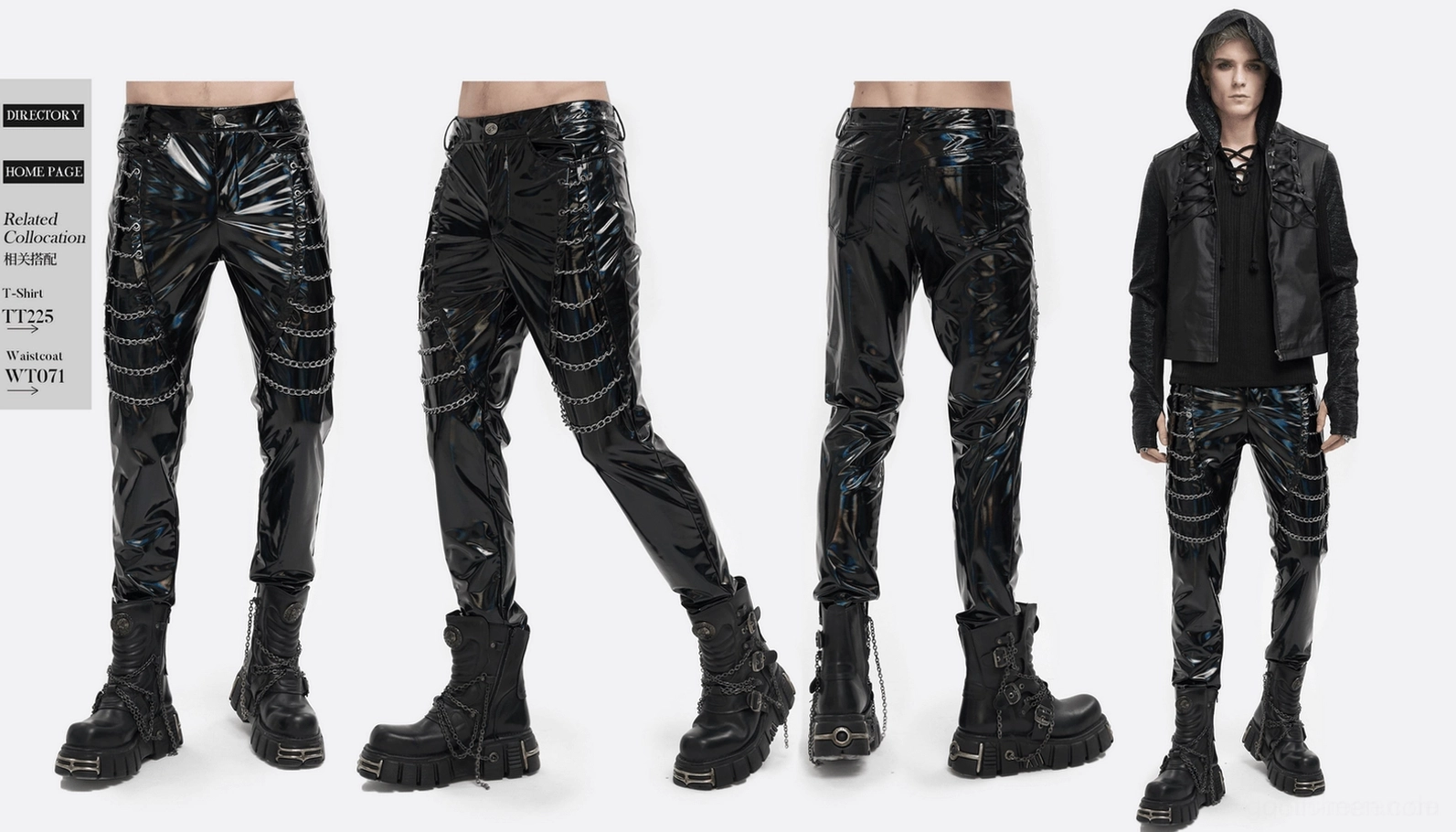 Schwarze Patent-Lederhose Gothic-Ketten Lifestyle-Styling-Shot – Punk Slim-Fit Trousers im Alternative-Style-Kontext getragen