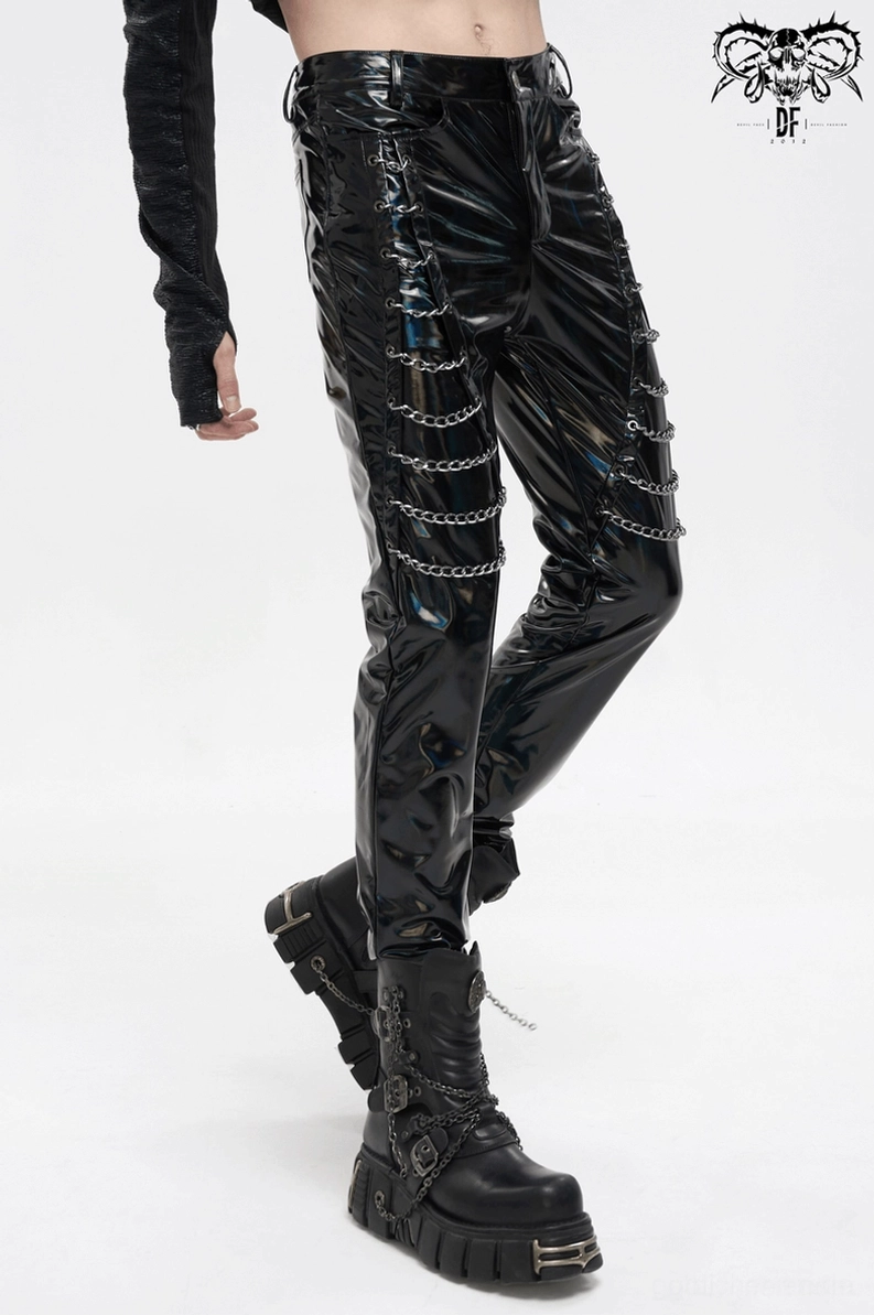 Schwarze Punk-Patent-Lederhose Seitenprofil-Ansicht – Gothic Slim-Fit Trousers mit Kettendetails von der Seite
