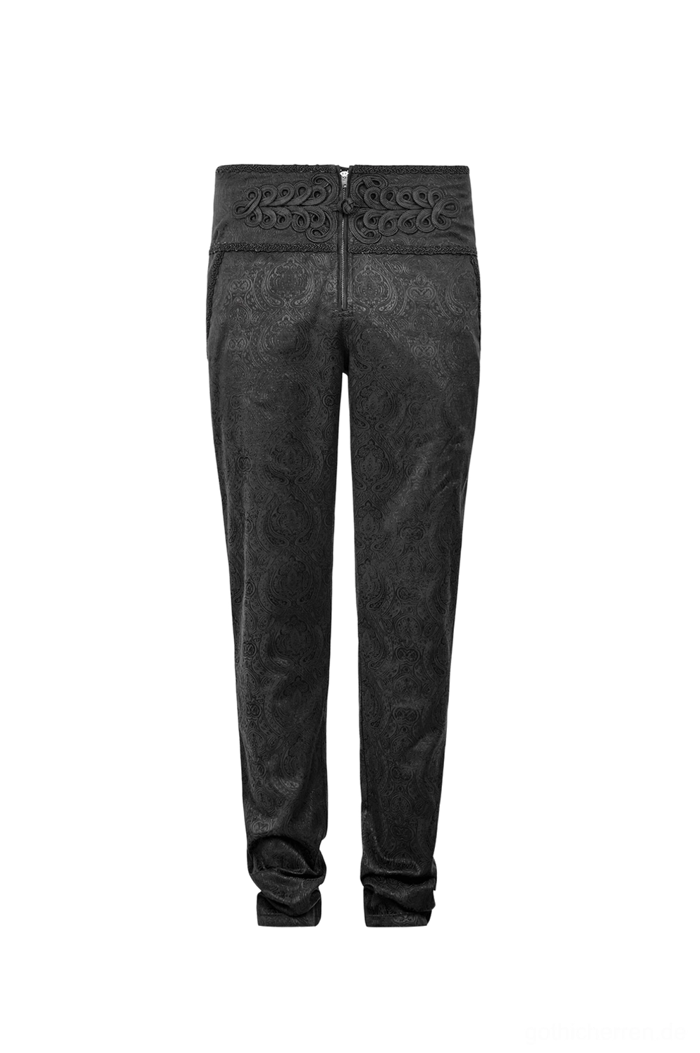 Schwarze Pfau-Jacquard Slim-Fit Hose Flat-Lay Vorderansicht komplette Übersicht hochsitzender Bund dunkles Tönungsmuster Jacquard-Webung