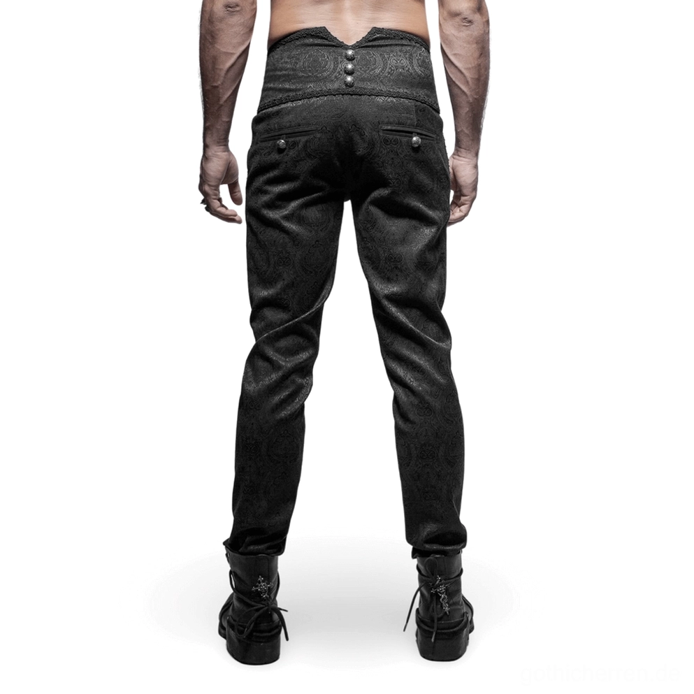 Schwarze gotische Jacquard Hose Rückansicht Herren zeigt Dreifach-Knopfverschluss V-förmiger Hochbund gestickter Randverzug