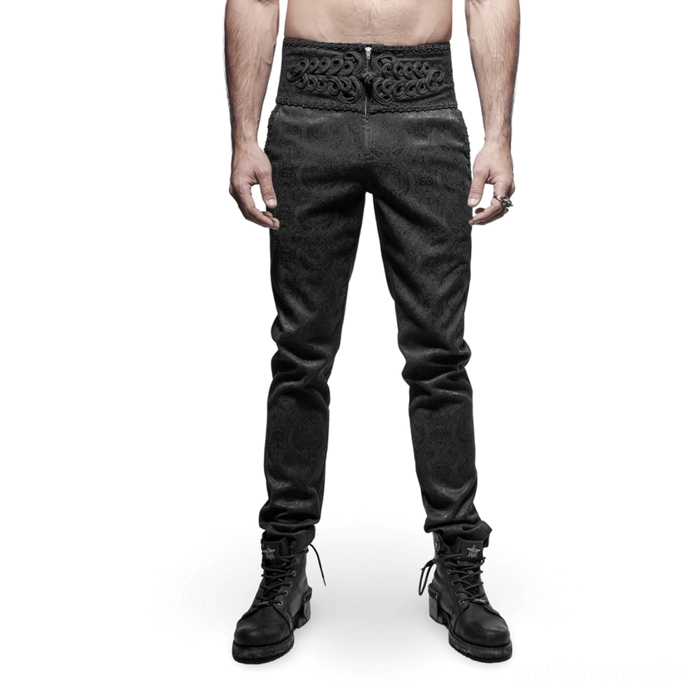 Schwarze Pfau-Jacquard Slim-Fit Hose mit Metallknöpfen Frontalansicht Vollbild auf männlichem Model mit schwarzen Combat-Boots gotische Röhrenhose