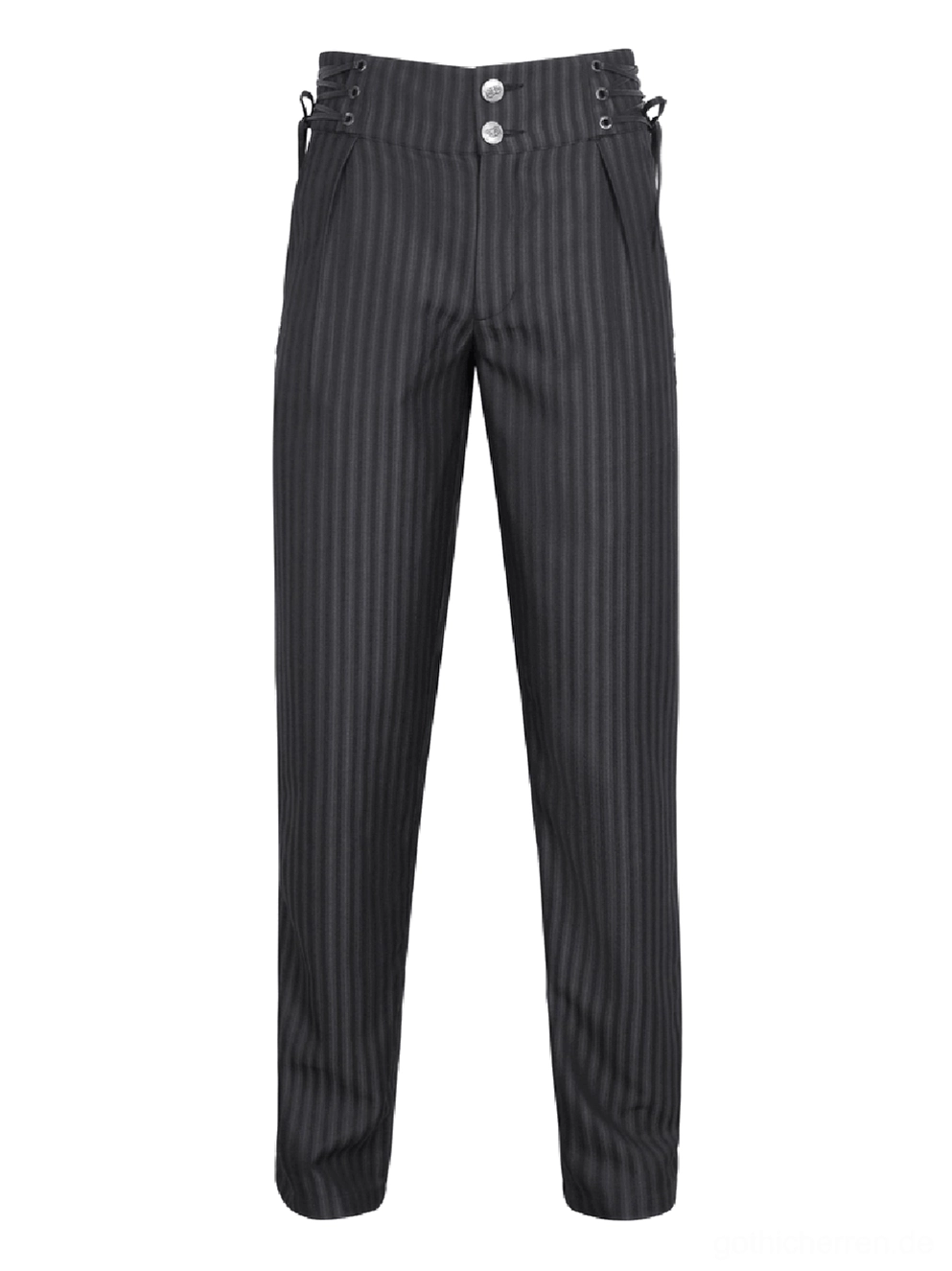 Schwarze graue Nadelstreifen Pinstripe Gothic Röhrenhose Hochbund Flachlage Gesamtlänge gerade geschnittene Slim-Fit