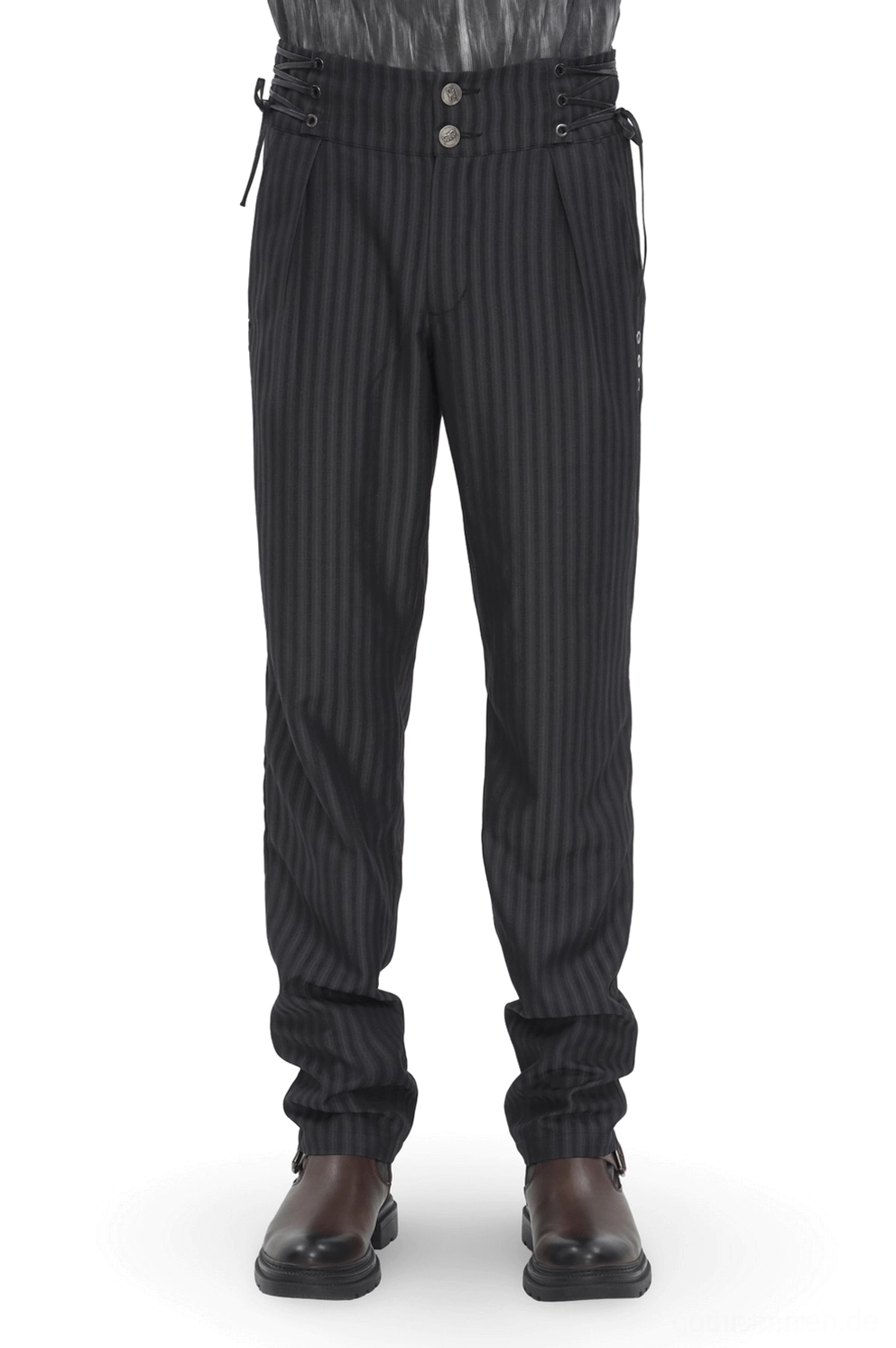 Schwarze Pinstripe Nadelstreifen Gothic Röhrenhose Hochbund Vorderansicht mit seitlicher Schnürung und Doppelknopfverschluss Slim-Fit