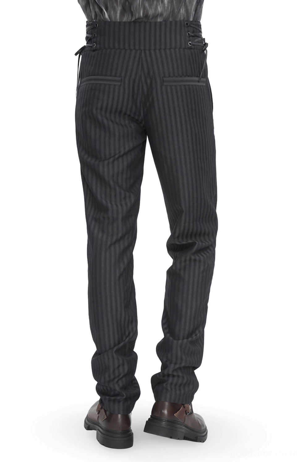 Schwarze Nadelstreifen Gothic Slim-Fit Röhrenhose Rückansicht Rückseite mit Patchpockets tailierter Silhouette