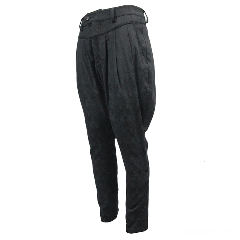 Schwarze Pluderhose mit Kellerfalten, Seitenrückansicht auf Schaufensterpuppe, zeigt prominente Vorderfalten, strukturiertes Taillenband und schlankes verjüngtes Knöchelbündchen mit dunklem Jacquard-Gewebe