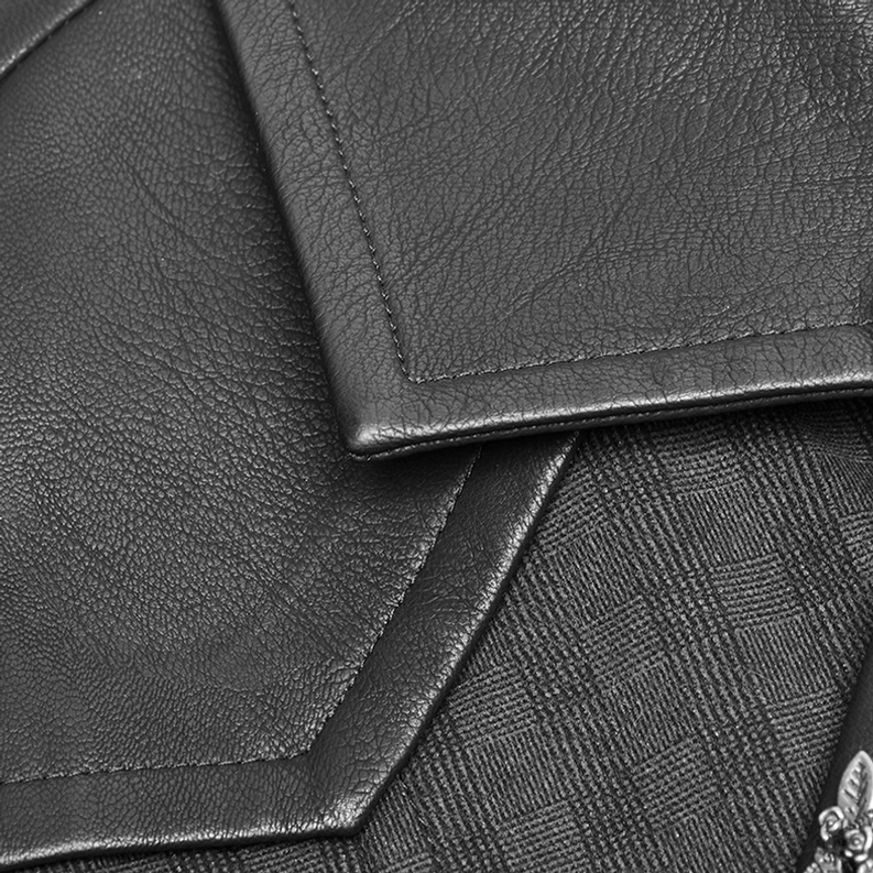 Nahaufnahme PU-Leder Oberflächenstruktur und Nähte auf schwarzer Gothic Anzugweste – Qualität Materialverarbeitung und matte Luxusfinish