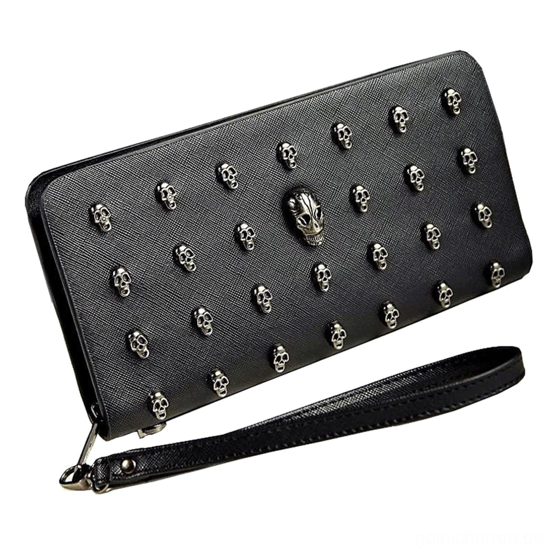 Schwarze PU-Leder Totenkopf-Handtasche Winkelansicht mit Handgelenkband – Vollständige Ansicht aller Totenkopf-Verzierungen und abnehmbar verstellbar Handgelenkband Detail