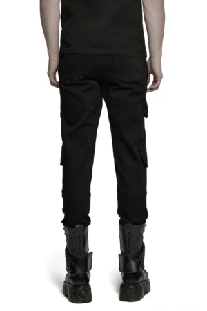 Schwarze Punk-Cargohose Rückansicht verjüngte Beineform Cyberpunk-Design gotische Hose Herren