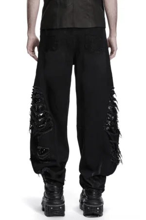Schwarze Punk Distressed Jeans Rückansicht Gesamtkörperschuss Mesh-Panels Kampfstiefel gothic herren
