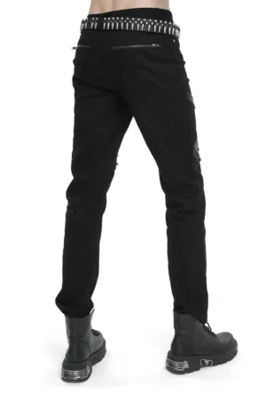 Schwarze Punk Rock Gothic Hose Slim Fit Rückansicht drei-viertel Ansicht doppelte Reißverschluss rückentaschen