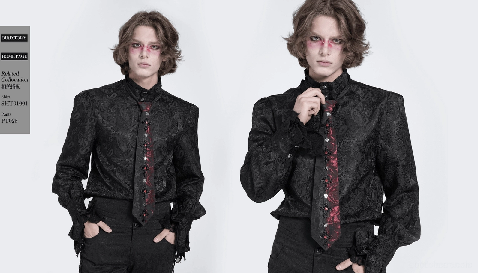 Komplettes schwarzes-rotes florales Gothic Krawatte Display zeigt schlanken Schnitt, Kristall-Verzierungen und Alternative Fashion Styling mit Schneiderpuppe
