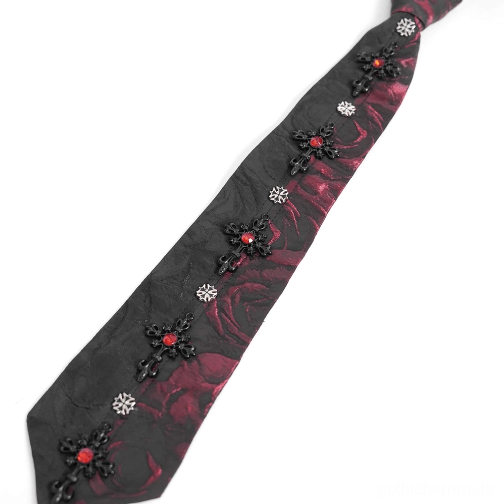 Schwarze und rote Gothic Krawatte mit Kristallkreuz komplettes Display auf Schneiderpuppe zeigt gesamtes Design und schlanken Herren-Schnitt in Frontansicht
