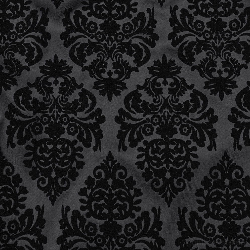 Schwarze Samt-Damast-Gothic-Anzughose Draufsicht-Flatlay zeigt vollständiges Damast-Flockierungsmuster, ornate Hardware und strukturelle Schneidetechnik