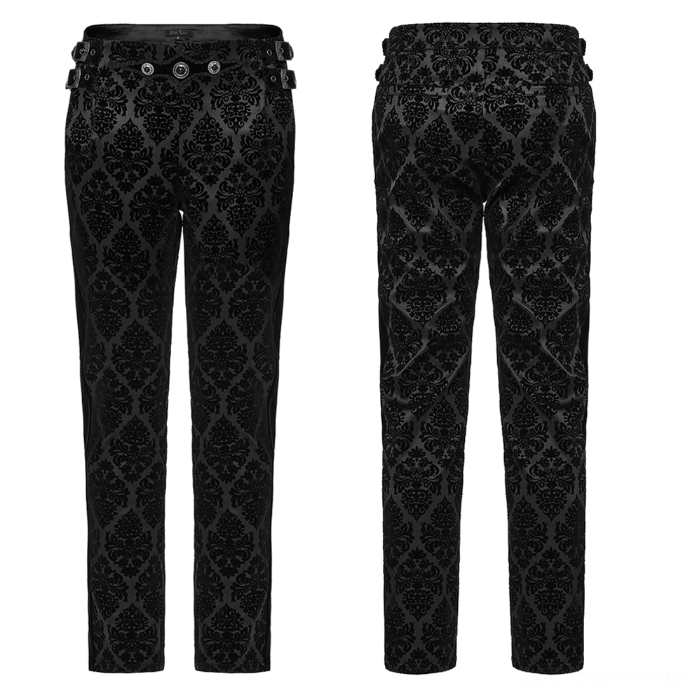 Schwarze Samt-Damast-Gothic-Anzughose Flatlays zeigt vollständiges Damast-Flockierungsmuster, ornate Metall-Edelstein-Schnallen und hochwertige Taillenverarbeitung