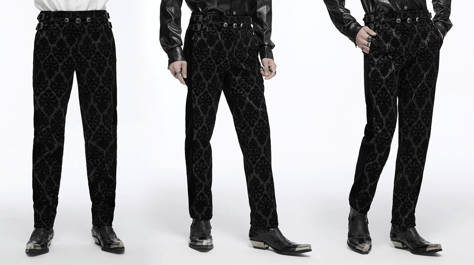 Schwarze Samt-Damast-Gothic-Anzughose zeigt Premium-Stoffqualität und ornate Embellishment-Platzierung auf Taillenbereich