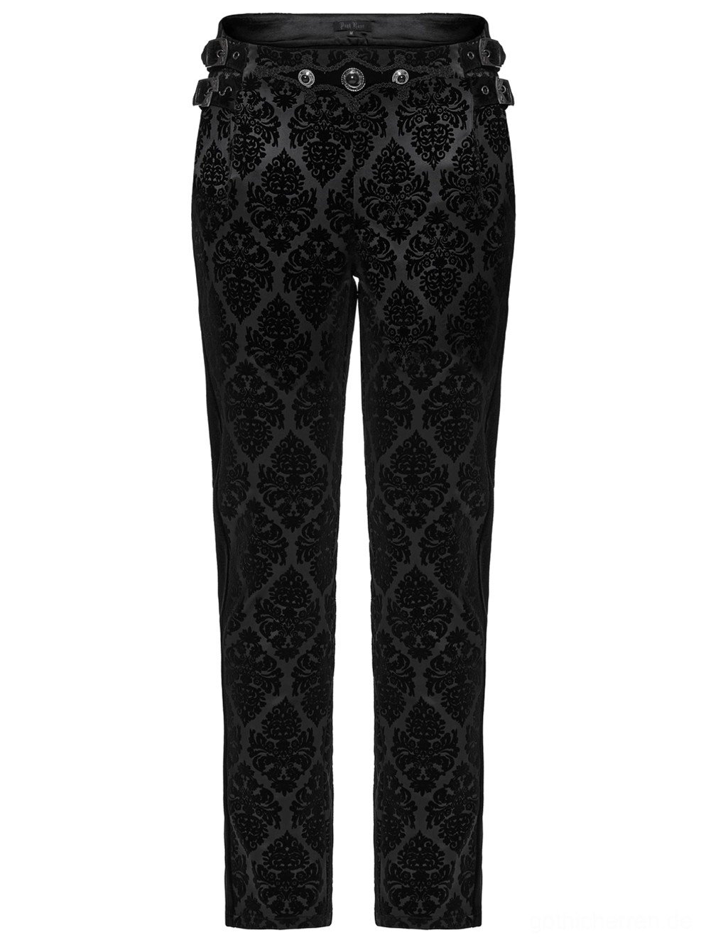 Schwarze Samt-Damast-Gothic-Anzughose Rückansicht zeigt ornate Taillenverstellungs-Schnallen und strukturiertes Damast-Textur-Design