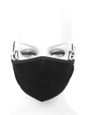 Schwarze Samt Gothic Maske mit Leoparden-Ohren Akzenten auf Schaufensterkopf, frontale Ansicht zeigt vollständiges Masken-Design, Alternative Fashion Statement