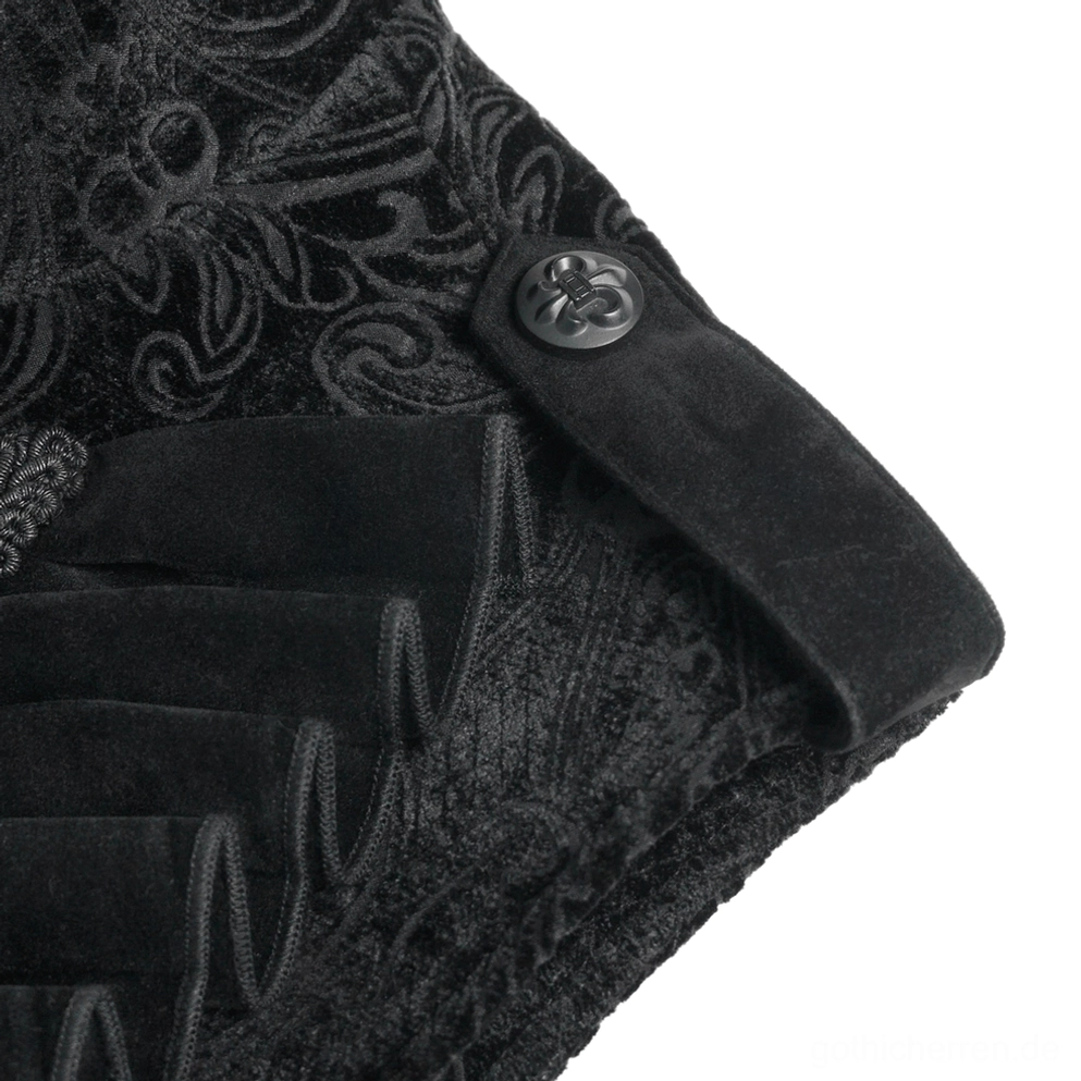 Makrofotografie der schwarzen Samt-Gothic-Anzugweste mit hochwertigem Damast-Webmuster und Metallknopfbeschlag