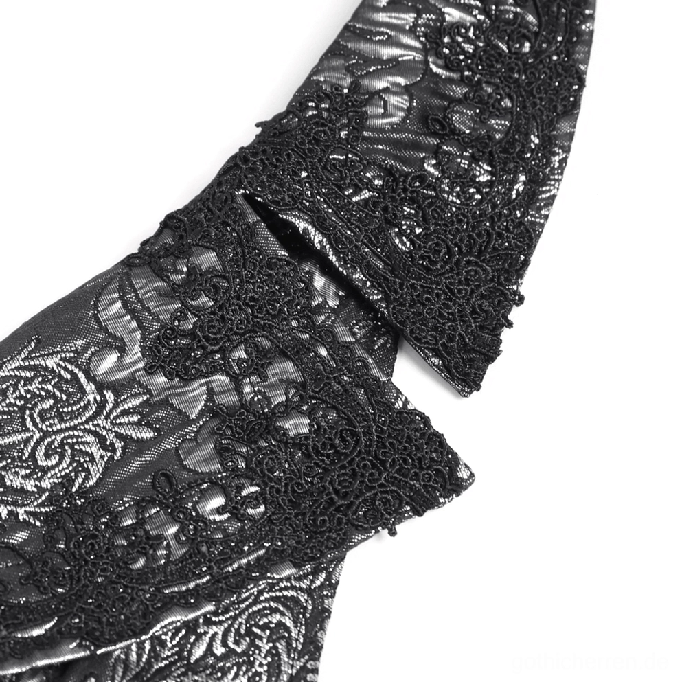 Schwarze silberne Gothic-Anzugweste florale Damast-Brokat-Nahaufnahme schwarze Spitzenoverlay-Muster Textilstruktur Gewebe Detailansicht