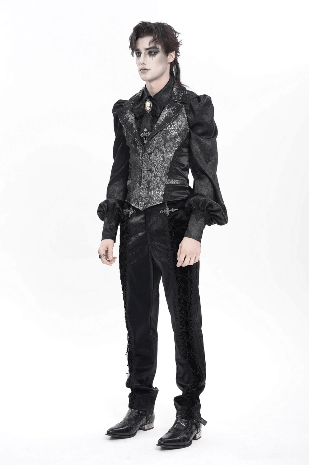 Schwarze silberne Gothic-Anzugweste diagonale Silhouette Spitzendetails und strukturiertes Brokat-Konstruktions-Display - Silhouettenansicht