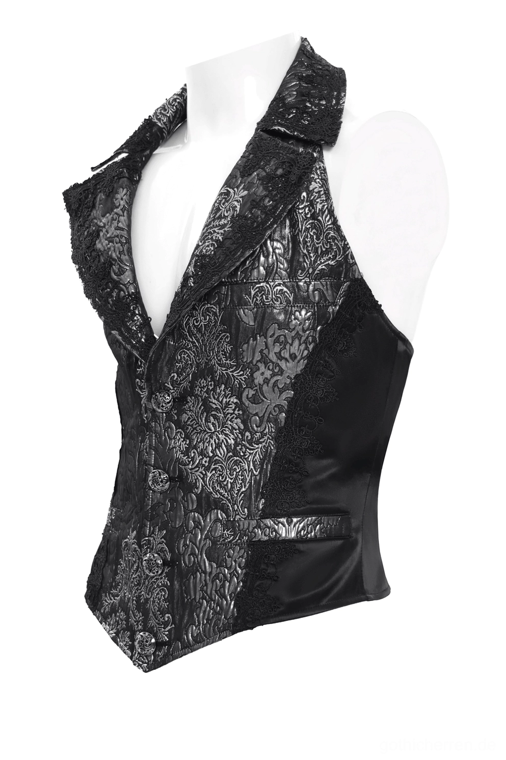 Schwarze silberne Gothic-Anzugweste Dreiviertelansicht mit Halter-Korsett-Rücken kontrastierendem Satin-Seitenpanels und Spitzenkragen