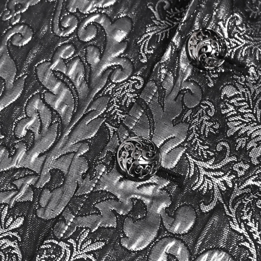 Schwarze silberne Gothic-Anzugweste komplexes Jacquard-Damast-Muster mit Spitzen-Verzierungen durchdachte Gewebetextur und -struktur