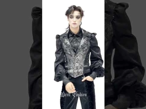 Schwarze silberne Gothic-Anzugweste Nahaufnahmen Puffärmel Patterned Brokat Fabric Detailschüsse