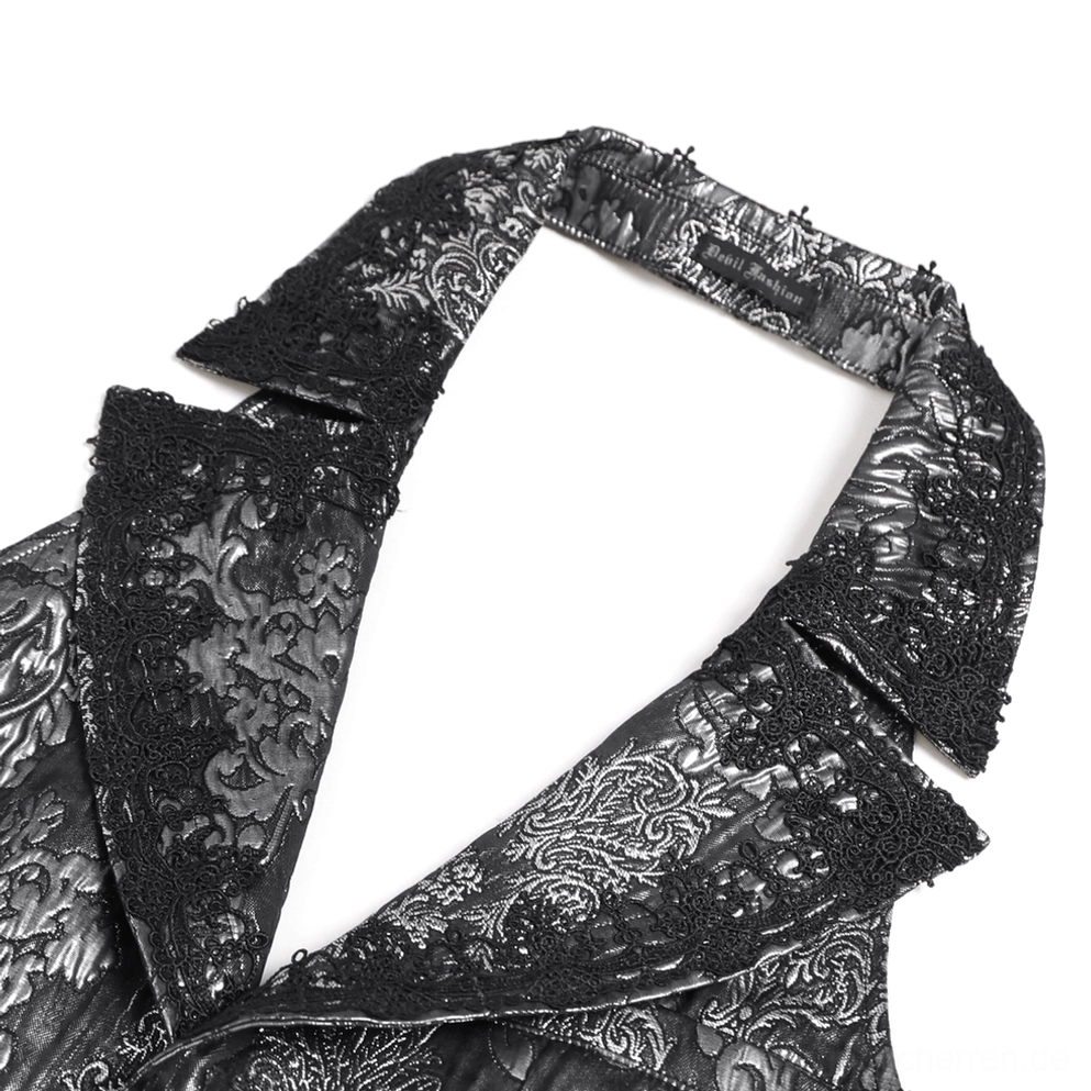 Schwarze silberne Gothic-Anzugweste Spitzenkragen-Nahaufnahme gefälzte Revers mit Spitzenapplikation Damast-Jacquard-Basis-Stoff Präzisions-Nahtdetail