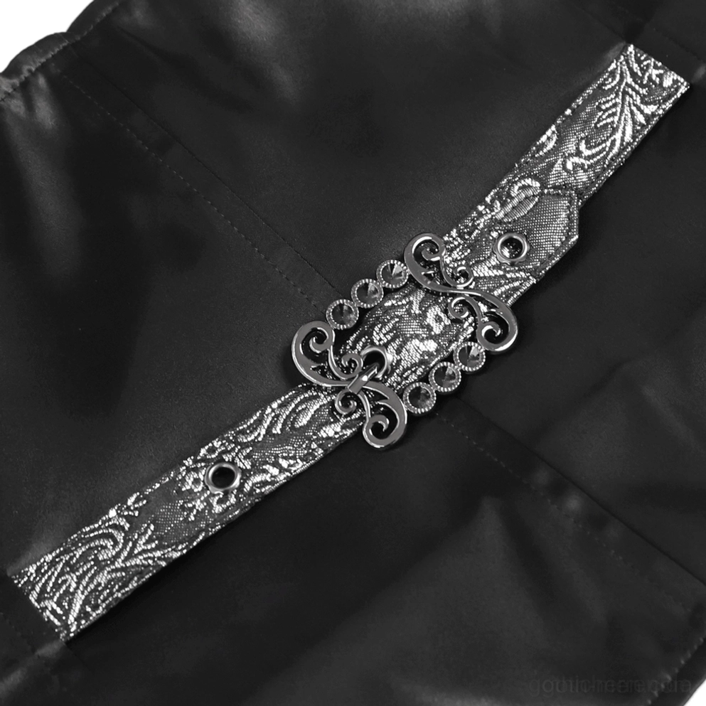 Schwarze silberne Gothic-Anzugweste viktorianisch gestylte Vorderansicht-Display ornamentales Brokat und formales Kragen-Konstruktion - Formalwear