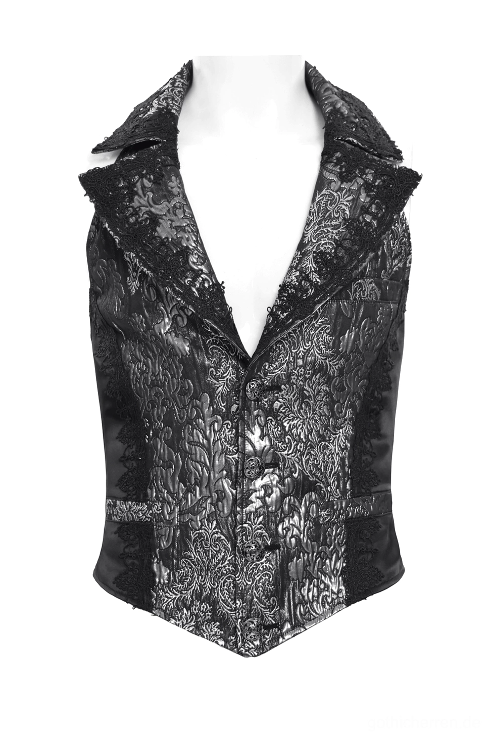 Schwarze silberne Gothic-Brokat-Anzugweste vorne mit Knopfverschluss geöffnet gefälzter Kragen mit Damast-Jacquard-Muster