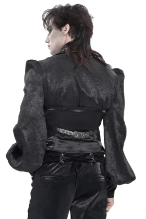 Schwarze silberne Gothic-Brokat-Anzugweste Rückansicht mit Korsett-Schnürrückenpanel und Haltergurt - strukturierte Rückenpartie