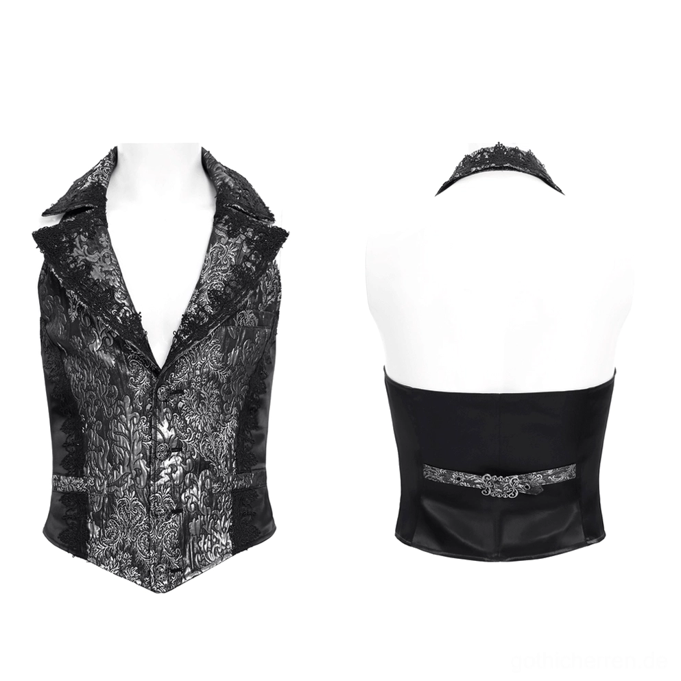 Schwarze silberne Jacquard-Gothic-Anzugweste Vorder- und Rückansicht auf Schneiderpuppe mit gefälztem Kragen und satiniertem Rückenpanel