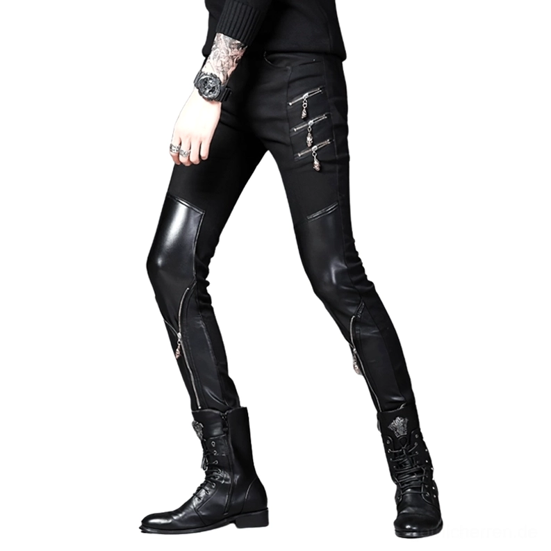 Seitenprofil schwarzer Slim-Biker-Trousers – Gothic-Herren-Hose mit mehreren Seiten-Reißverschlüssen und Kunstleder-Oberschenkel-Paneelen für Punk-Lederhose-Look