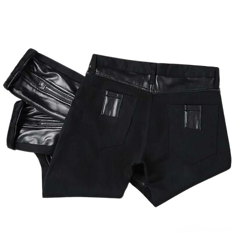Alternative Winkelansicht schwarzer Slim-Fit-Gothic-Biker-Trousers – Herren-Patchwork-Lederhose mit Kunstlederpaneelen und dekorativen Reißverschluss-Akzenten