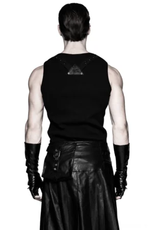 Schwarze Gothic-Stulpenhandschuhe Rückansicht männliches Model Lederkilt Alternative Fashion