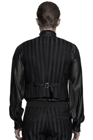 Gothic Anzugweste Rückansicht mit Verstellschnalle, Streifenmuster und gepaarter Streifenhose für komplette gotische Herren-Garderobe
