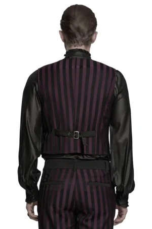 Schwarze striped Gothic Anzugweste Rückenansicht mit verstellbarem Schnallengurt, tailiertem Schnitt und Seideninnen-Futter Detailing