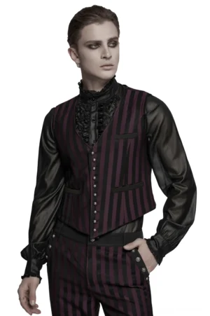 Schwarze striped Gothic Anzugweste Vorderansicht auf Modell mit tiefem V-Ausschnitt, geschnitzten Metallknöpfen, verstellbarem Rückengurt und taillierter Silhouette
