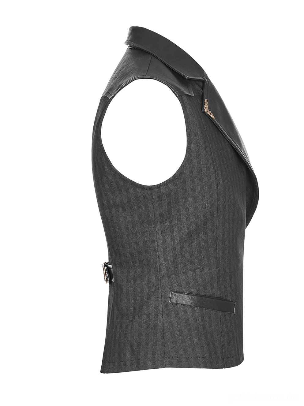 Schwarze Streifenweste Seitenansicht Flachlage – ärmellose Gothic Steampunk Anzugweste mit PU-Leder Schulterpaneel und strukturellem Buckle-System