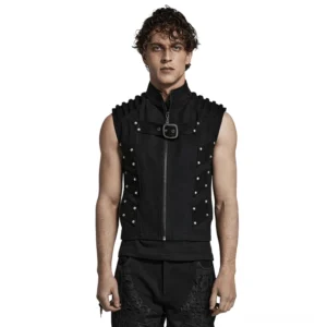 Schwarze Studded Gothic Weste mit Rüstungsdesign, Vorderansicht auf männlichem Model, zeigt Stehkragen, Frontverschluss mit Reißverschluss und Brusttasche mit dekorativen silbernen Nieten, perfekt für Gothic und Punk-Liebhaber