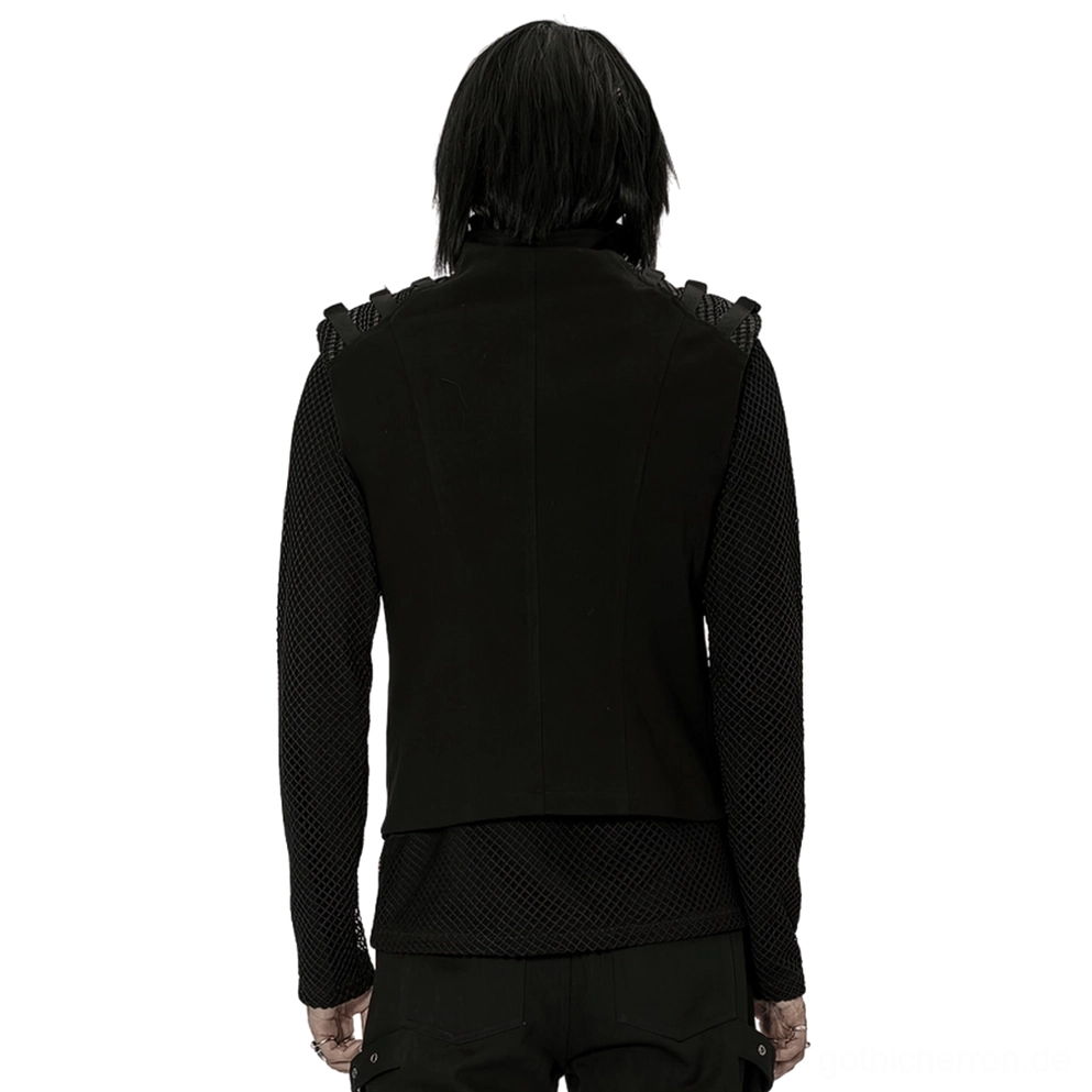 Schwarze Tactical Weste mit Kunstfell-Details und verstärkten Schultergurten, Rückansicht auf Model, dunkelste Gothic-Rüstungsdesign mit Webdetails