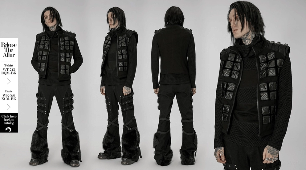 Schwarze Tactical Armor Weste zusätzliche Stilansicht zeigt geometrische Patch-Platzierung und gesamte dunkle Gothic-Ästhetik, Industrial-Fashion-Details