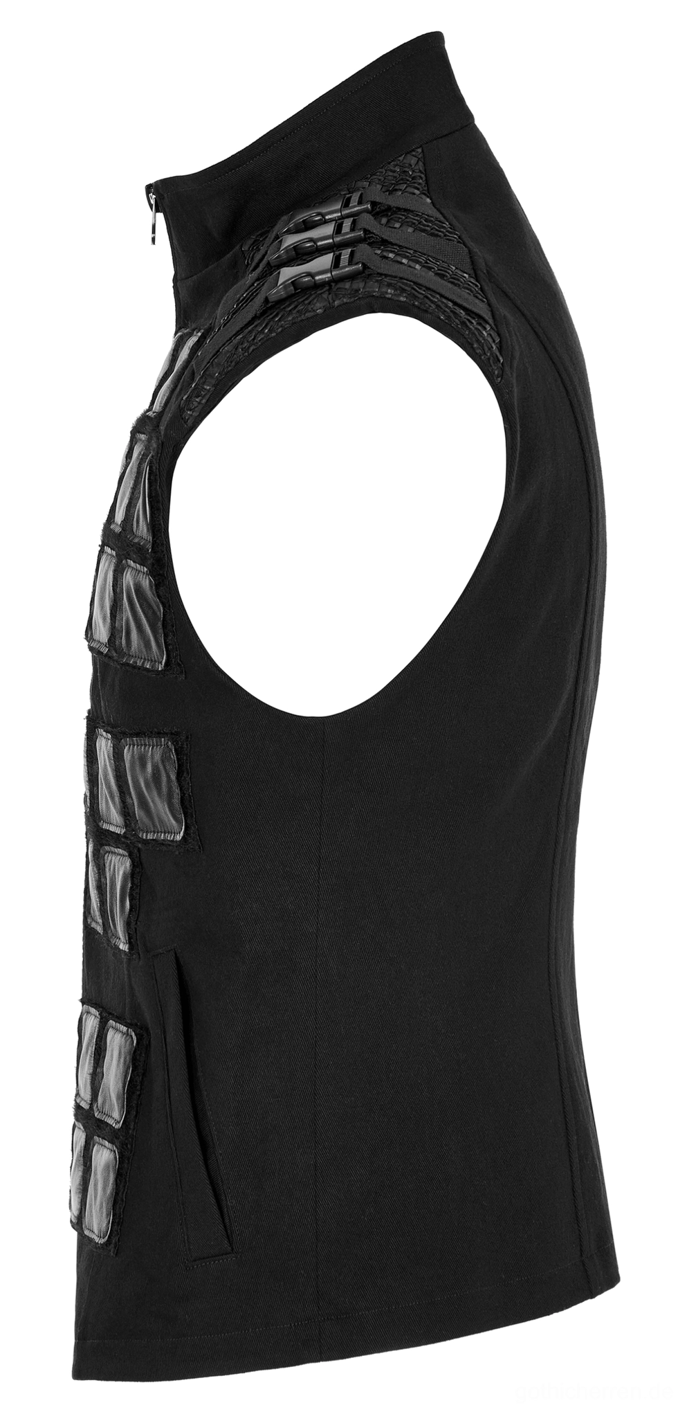 Schwarze ärmellose Tactical Armor Weste Seitenprofil Flachlage zeigt Armloch-Design und versteckte Seitentasche-Details, Gothic-Mode-Essentials