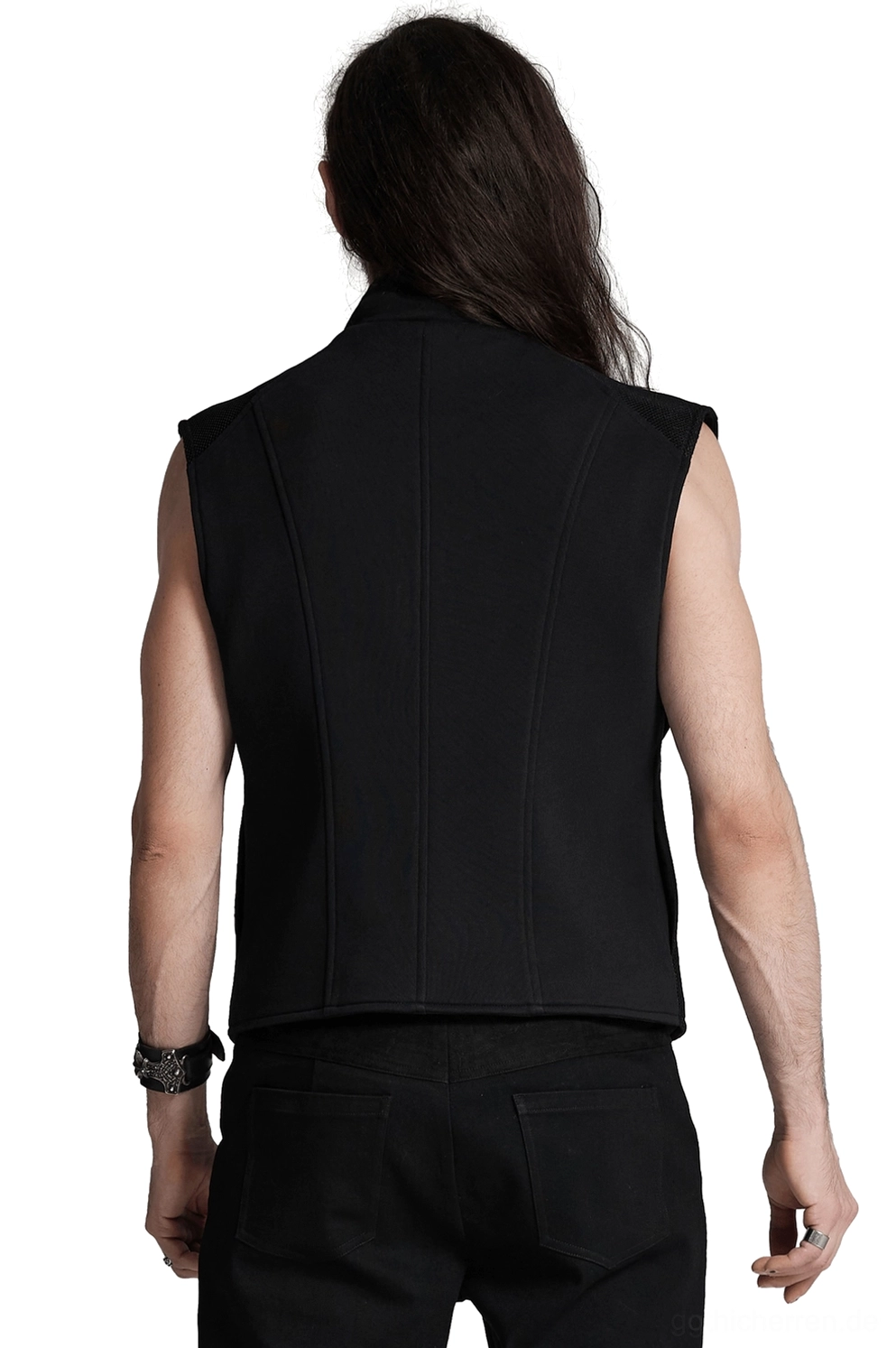 Schwarze elastische Weste mit Stehkragen und Rüstungspanelen Rückansicht - Gothic Tactical Vest Back View