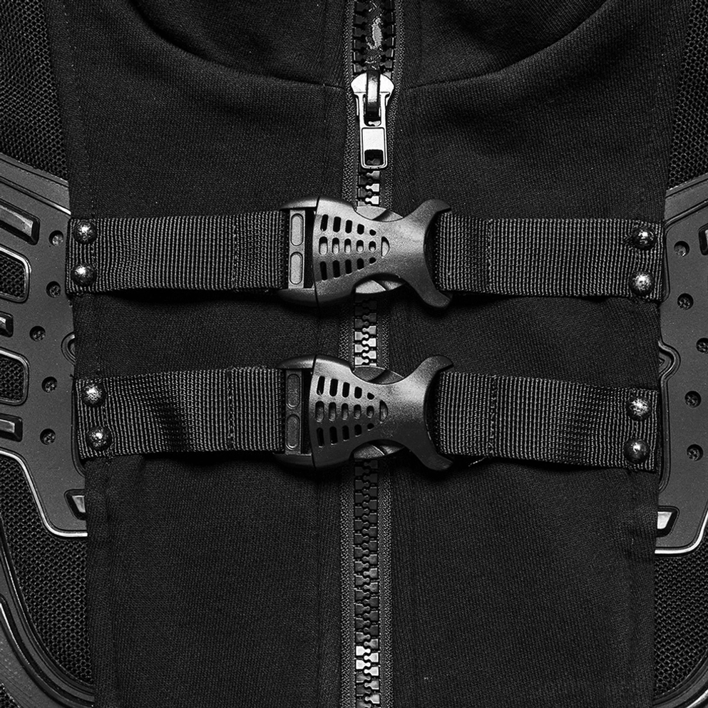 Schwarze Weste Verschluss-Makrodetail mit doppeltem Sperrbuckle und Metallreißverschluss - Close-up Cyberpunk