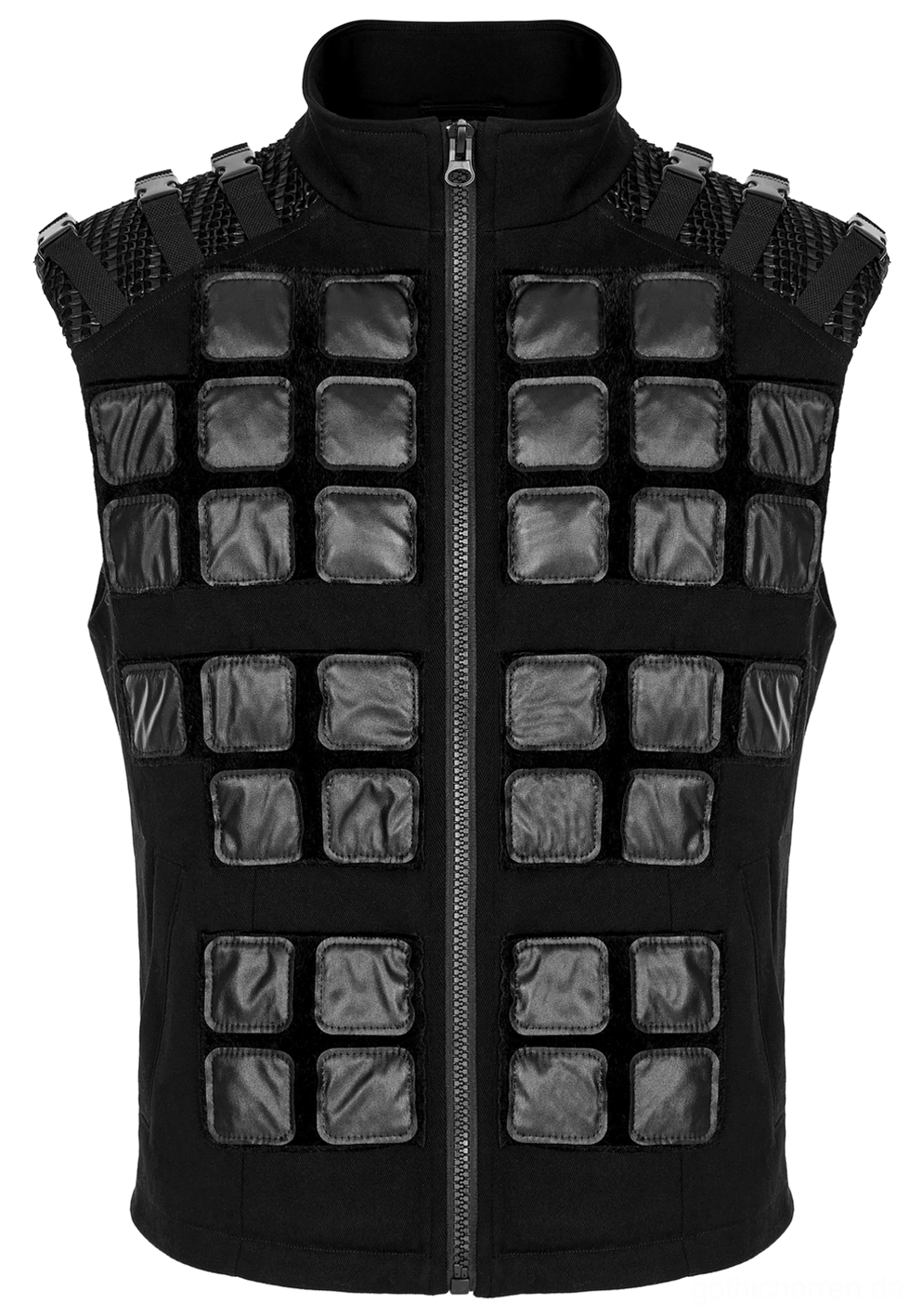 Schwarze Tactical Weste volles Vorder-Flachlage zeigt Metallreißverschluss, geometrische gepolsterte Verzierungen und strukturierten Kragen, Industrial Denim Detail