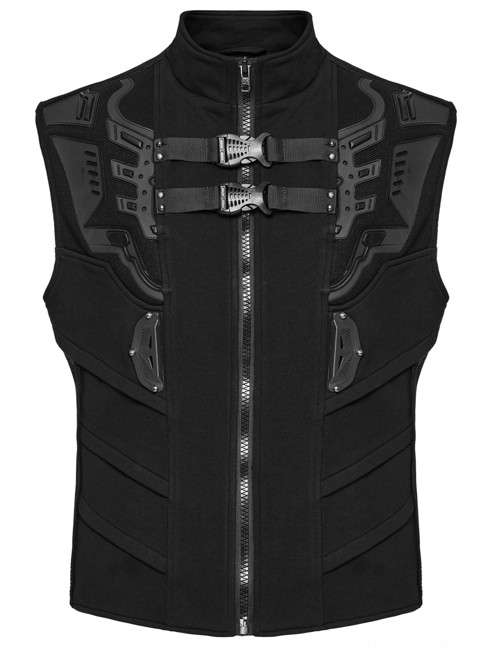 Schwarze Tactical-Weste Vogelperspektive Vorderseite mit doppeltem Gitterbuckle und Vollreißverschluss Detail