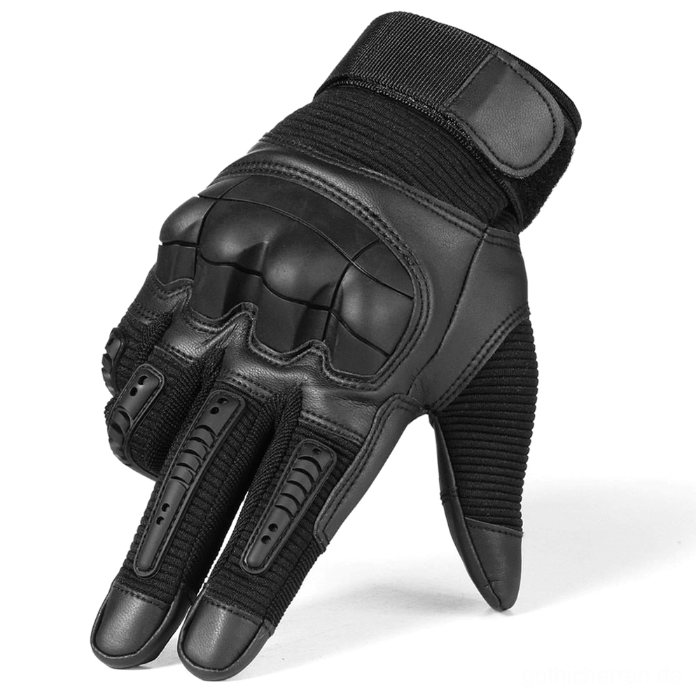 Schwarze strukturierte PU-Leder-Taktik-Handschuhe mit Vollfingerdesign, verstärktem geripptem Handgelenksgurt und Knöchelpanzerung aus geometrischer Seitenaufnahme