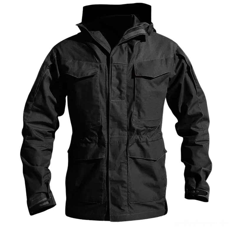 Schwarze taktische Kapuzen-Windbreaker Jacke vorne flach mit mehreren Cargo-Taschen und verstellbarer Kapuze für Herren im gothischen Military-Stil